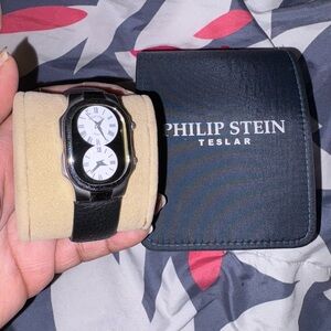 Philip Stein Black and Silver Dual Dial Watch with Extra Strap